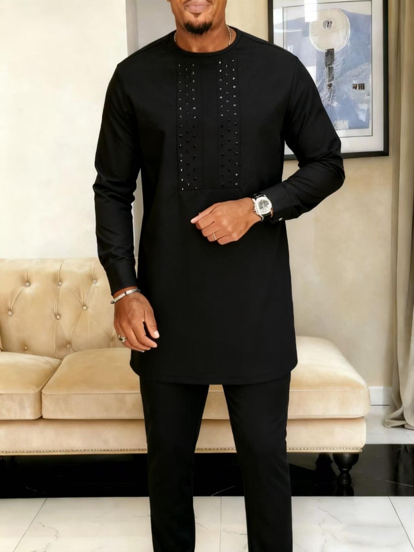 Ethnic Style - Abito da uomo nero a girocollo,